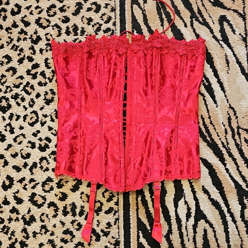 Elegant, Red, Corset, Top, Sexy, Sleep, Women, Feminine, Lace, Lingerie, Satin